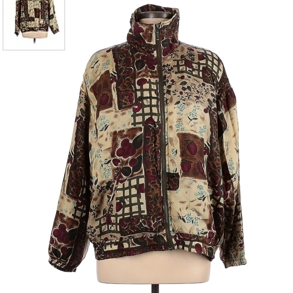 Vintage Out Brook 100% Silk Mock Neck Full Zip Jacket Women's Medium M Fruit EUC